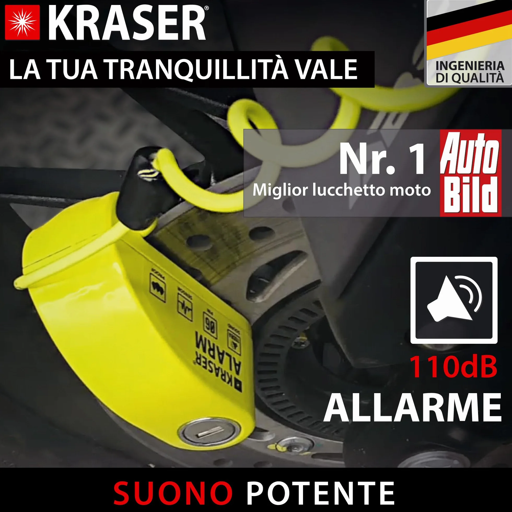 KRASER KR6Y Blocca Disco per Moto con Allarme 110dB, Antifurto Moto, Impermeabile, Cavo Reminder 1.5m Borsa