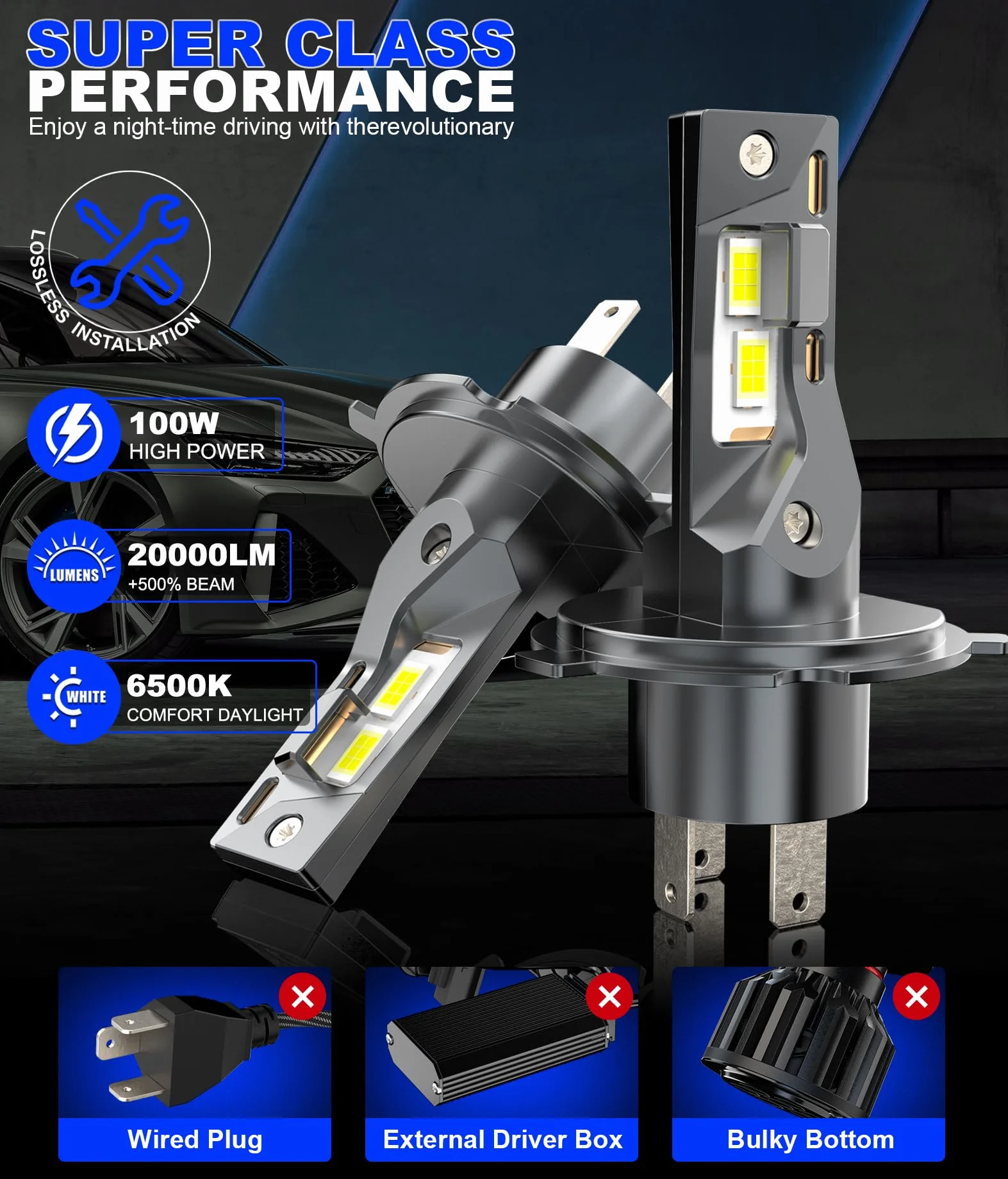 H4 LED 20000lm 100W, Lampadine Per Fari Auto e Moto, Kit Lampadina 12v per Abbaglianti o Anabbaglianti, Dimensioni 1:1 Alogena, Plug and Play, Luce Bianca 6500k, 2 Lampade LED H4