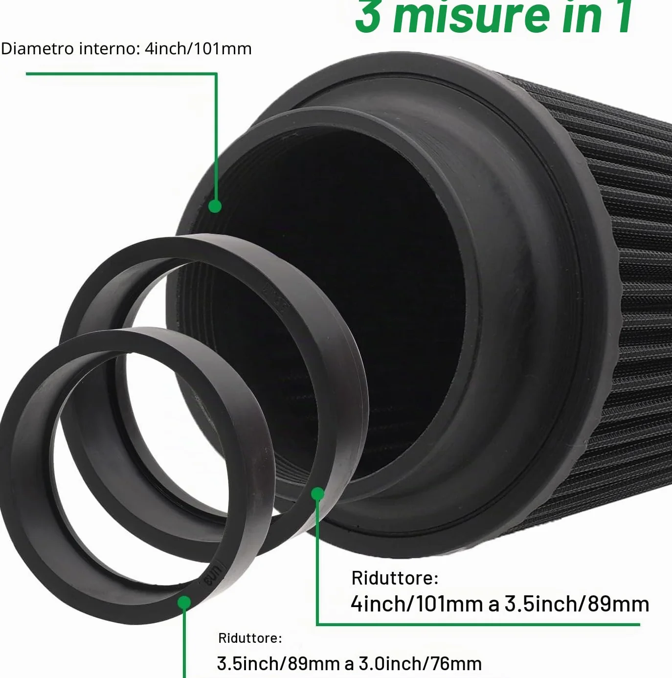 Filtro aria conico universale 76 mm, 89 mm, 101 mm, ad alte prestazioni, ingresso aria, cono rotondo, filtro aria detergente per auto da corsa, sport, 3 misure in 1 (nero-grigio)