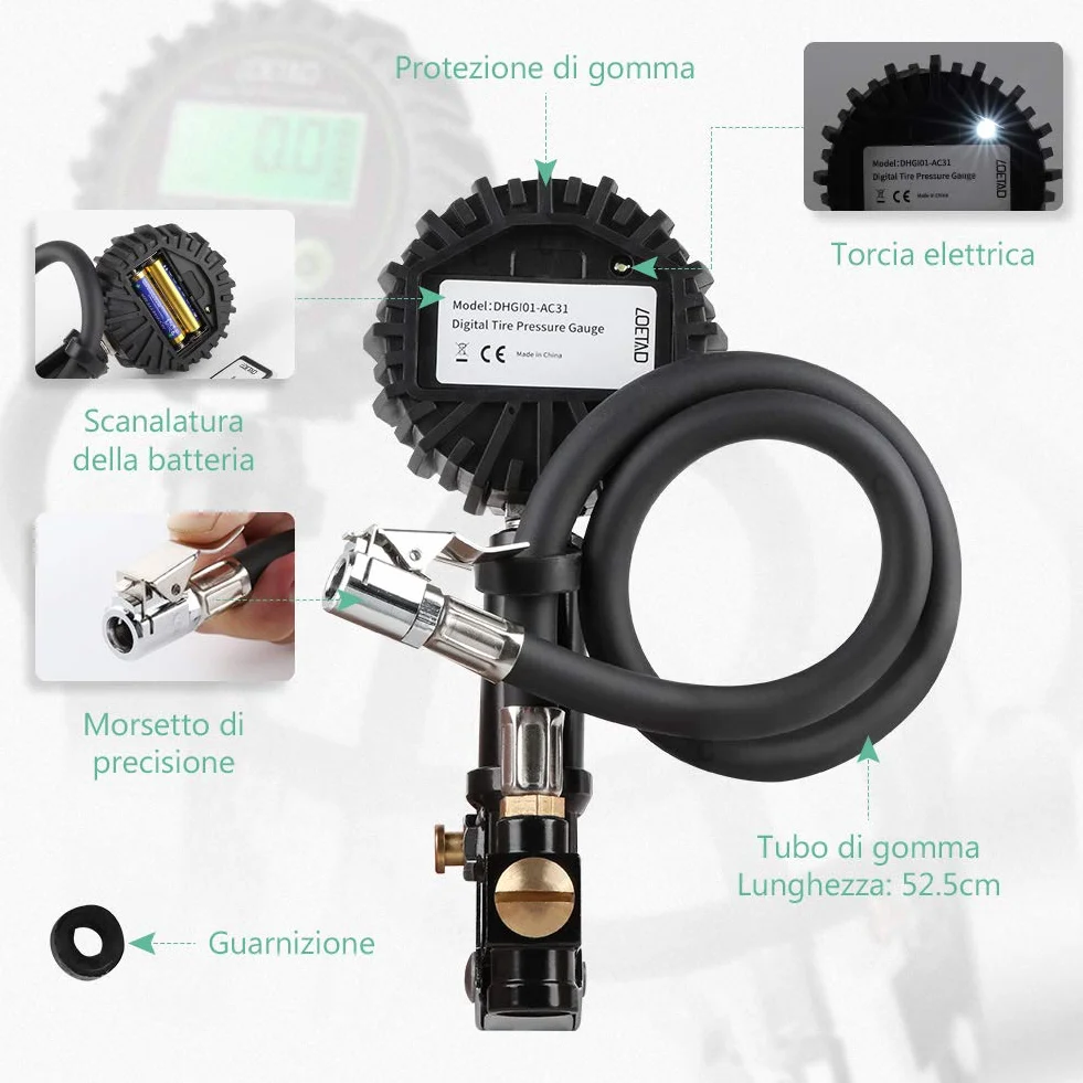 LOETAD Manometro Pressione Gomme Professionale, Manometro Digitale, Pistola Gonfiaggio Pneumatici 200 PSI Alta Precisione con Luce a LED e Schermo LCD per Auto, SUV, Camion, Moto e Biciclette