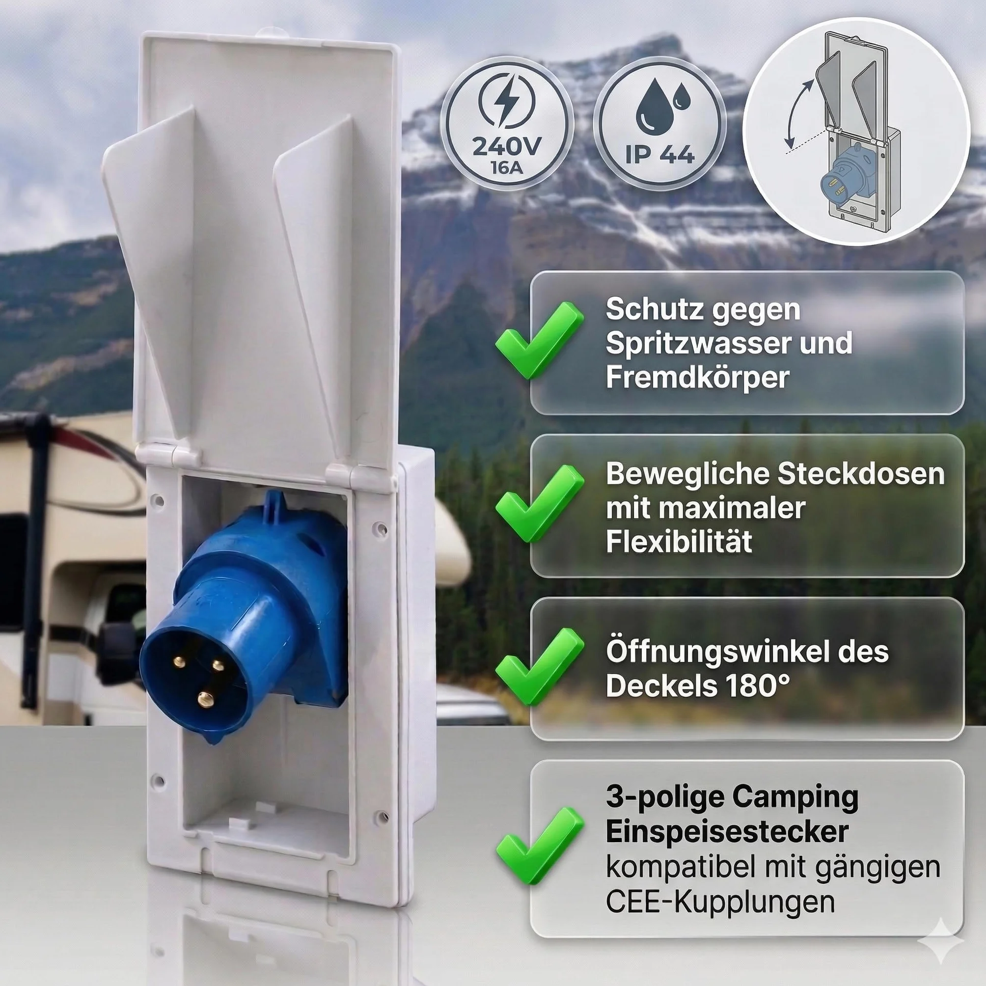 Carbest Presa CEE 16A Bianca Rettangolare IP44 240V 3 Poli Coperchio Ribaltabile Spina da Incasso