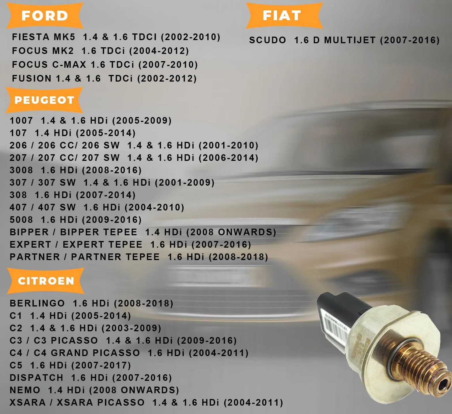 Sensore di Pressione del Carburante Compatibile con 107 206 207 307 308 3008 5008 Bipper Partner Berlingo C1 C2 C3 C4 C5 Focus Fiesta 1920GW 9658227880