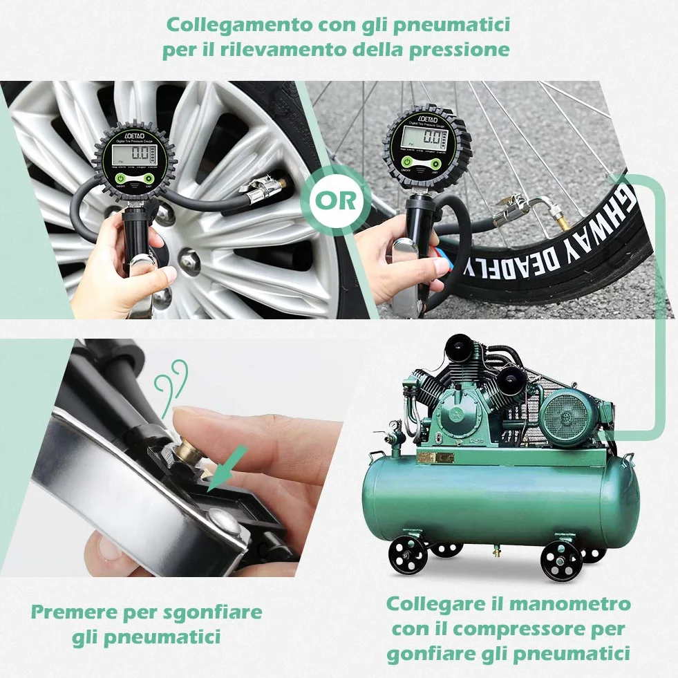 LOETAD Manometro Pressione Gomme Professionale, Manometro Digitale, Pistola Gonfiaggio Pneumatici 200 PSI Alta Precisione con Luce a LED e Schermo LCD per Auto, SUV, Camion, Moto e Biciclette