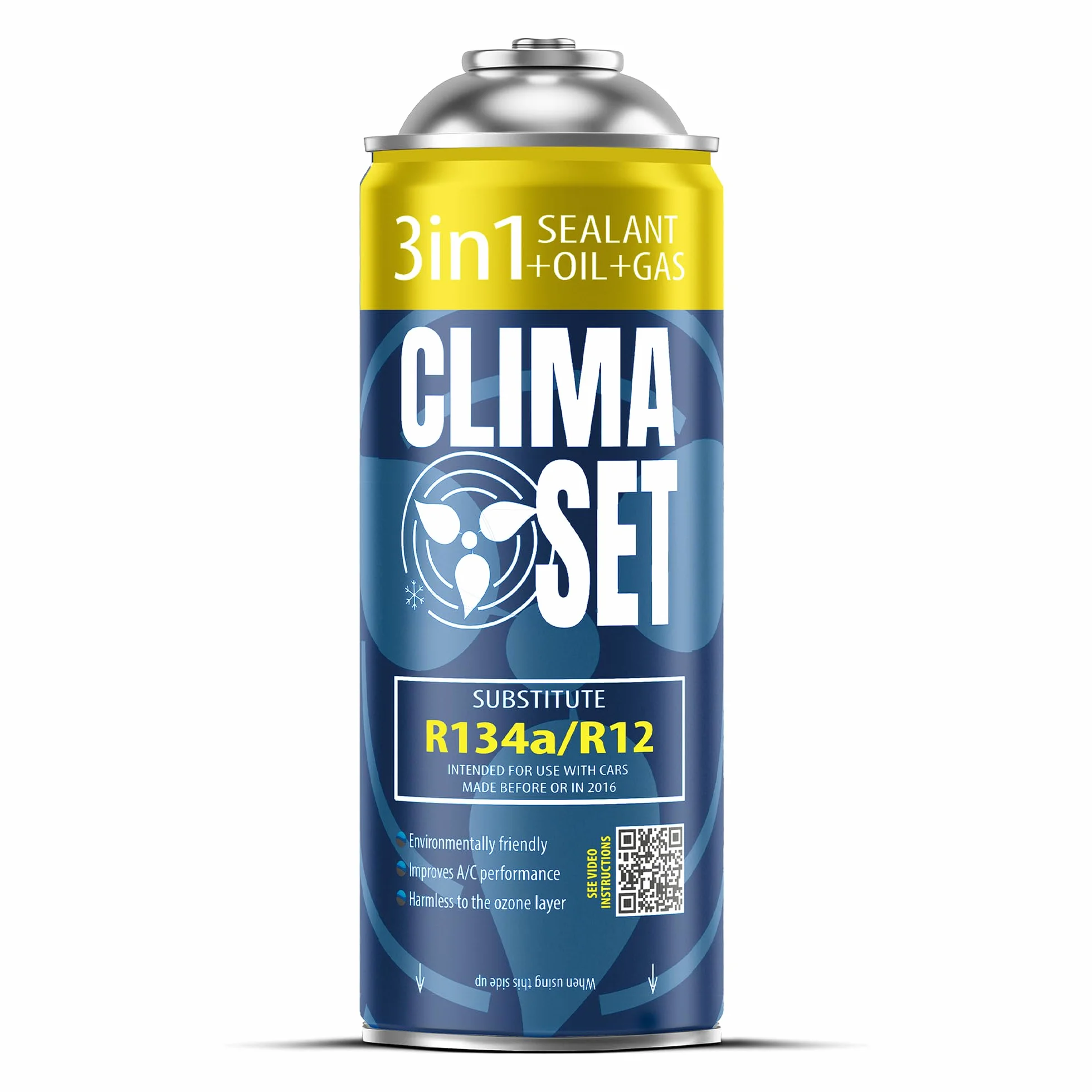 ClimaSet 3in1 Refrigerante di ricambio R134a 170 g - refrigerante R134a, R12 e Olio e Turafalle con tubo gas e manometri condizionatori - kit ricarica clima auto - ECO bombola