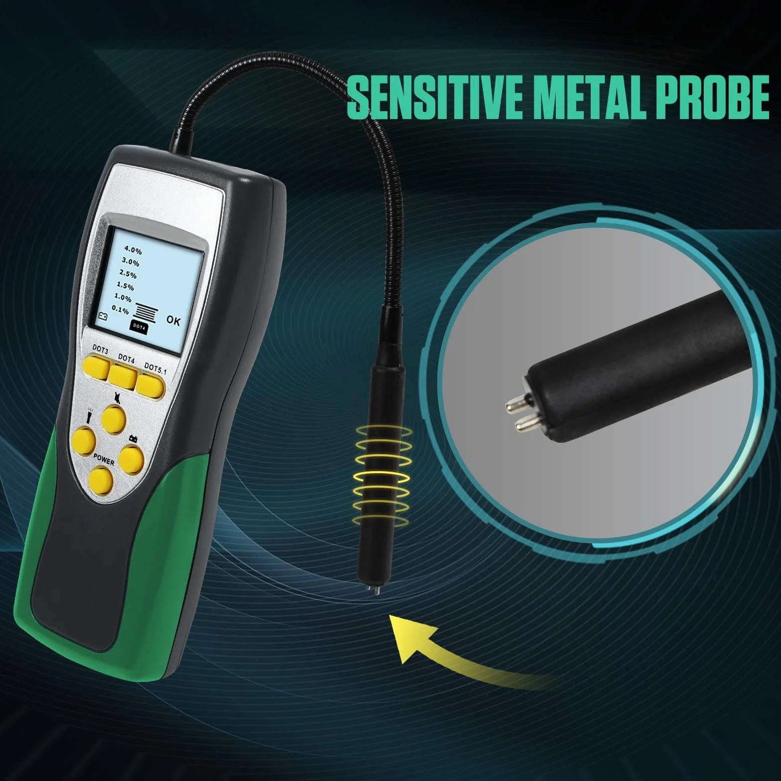 Tester Fluido Freni Auto DOT3 DOT4 DOT5.1 Display LCD 2.2" Brake Fluid Tester con Sonda 250 mm