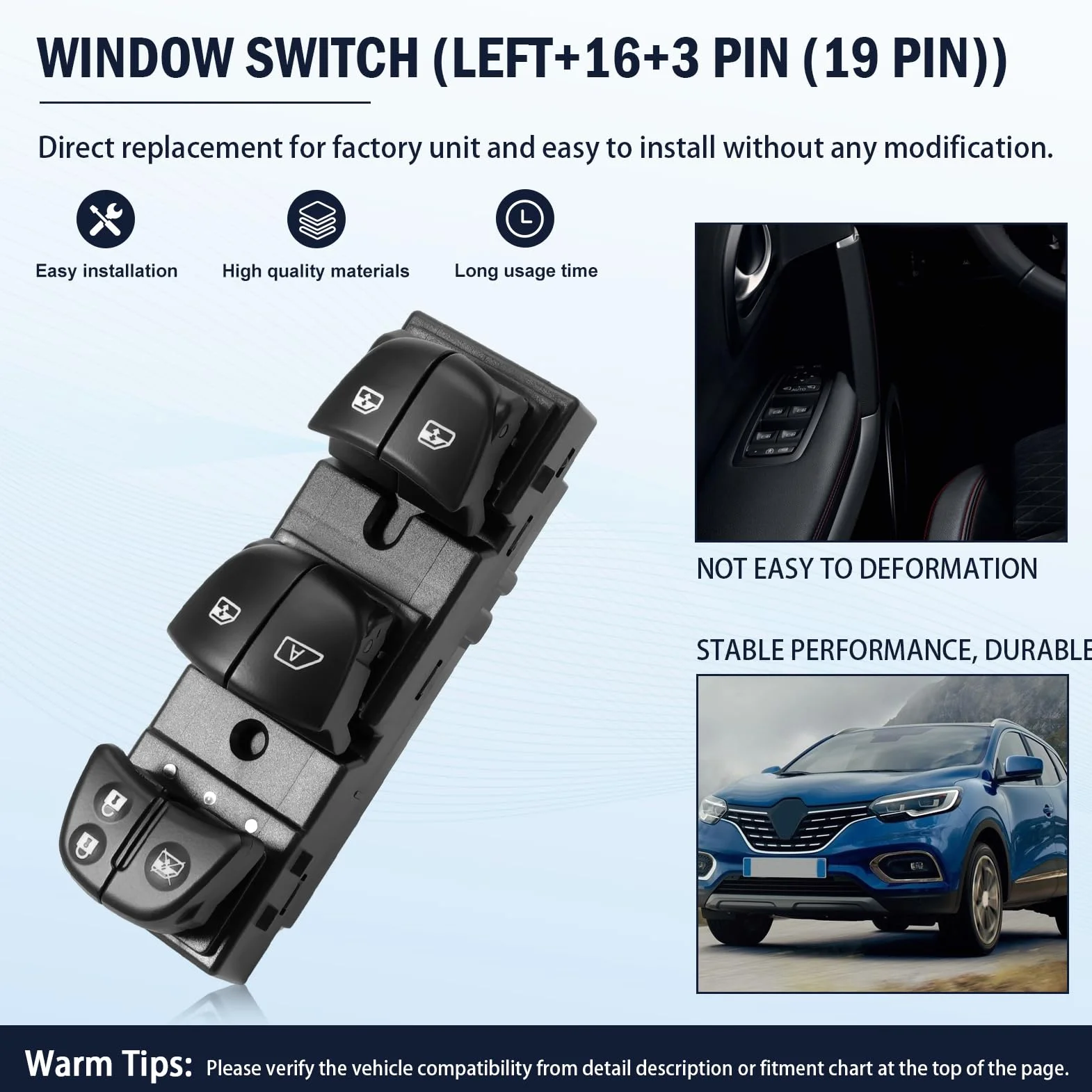 GRACEGALAXY Interruttore Alzacristalli Elettrico Pulsantiera Alzacristalli per Kadjar 2015-2021 25401-1766R 254011766R lato conducente 19 pin