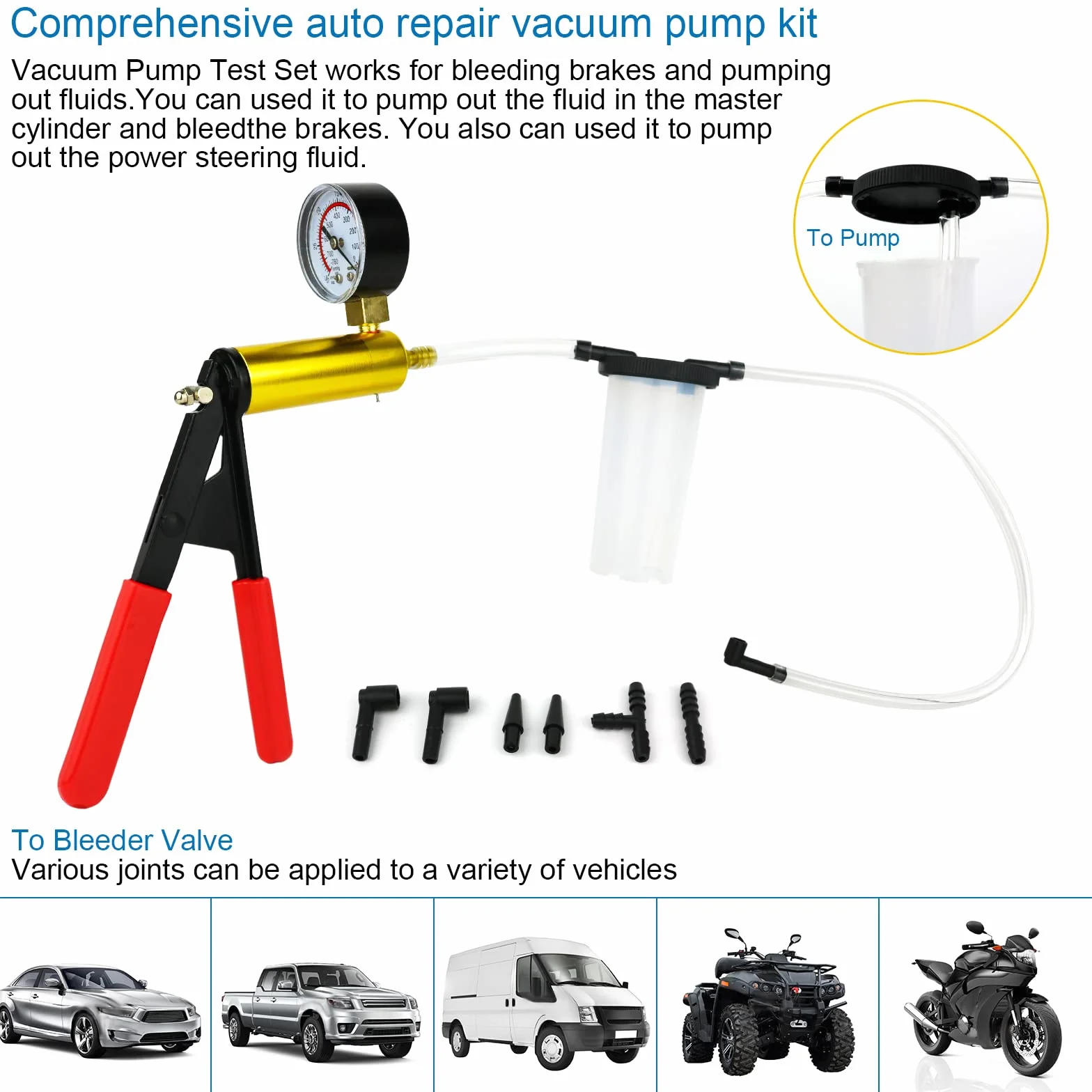 Tester per Pompa a Vuoto per Spurgo Freni, 17pcs Kit Auto Freno con Indicatore di Vuoto 760 mm HG