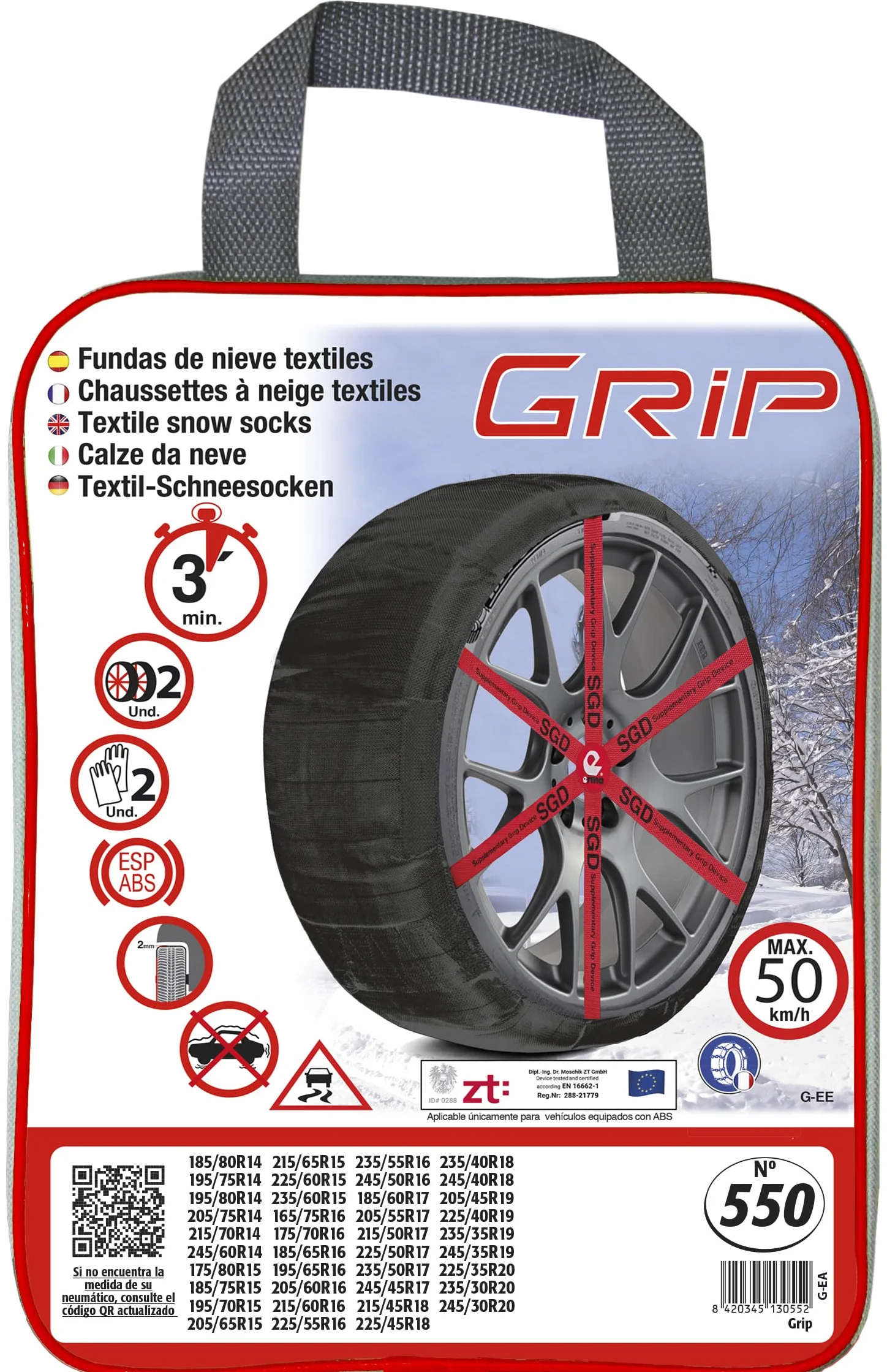 Grip Catene da Neve Tessile, Taglia N. 550, Set 2 PZ,Guanti Inclusi