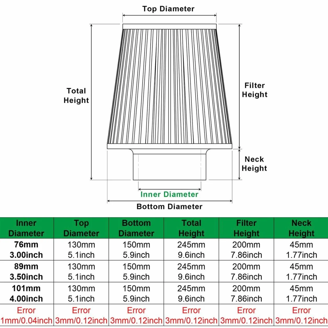 Filtro aria conico universale 76 mm, 89 mm, 101 mm, ad alte prestazioni, ingresso aria, cono rotondo, filtro aria detergente per auto da corsa, sport, 3 misure in 1 (nero-grigio)