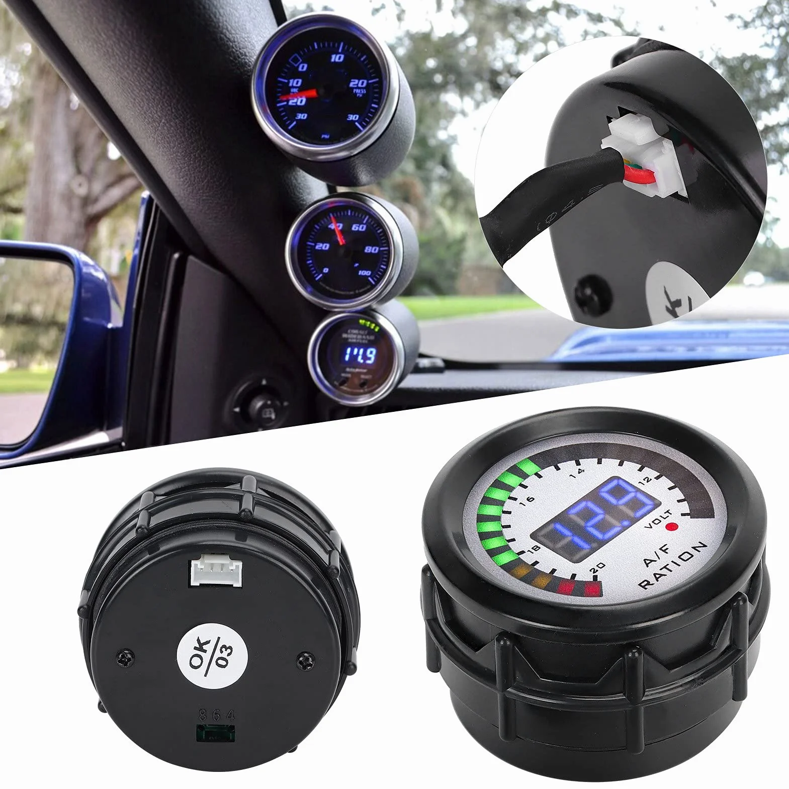 KIMISS Kit Indicatore Rapporto Carburante Aria AFR, Indicatore Rapporto Carburante Aria Auto 52mm LED Blu Digitale per Veicolo a Benzina 12V 4/6/8 Cilindri