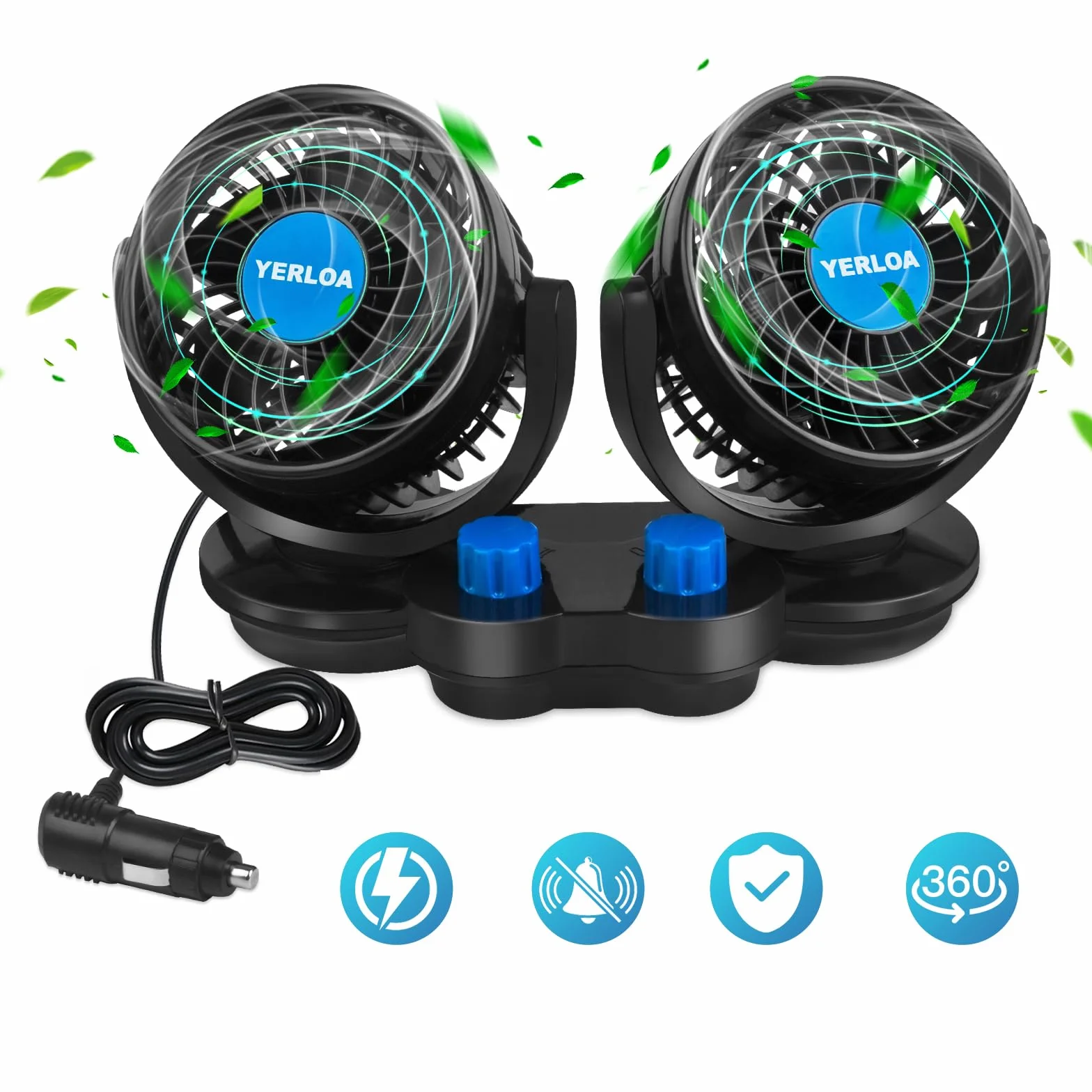 Yerloa Ventilatore Auto 12V a Doppia Testa Silenzioso 360° Raffreddamento per SUV Camper Barca RV