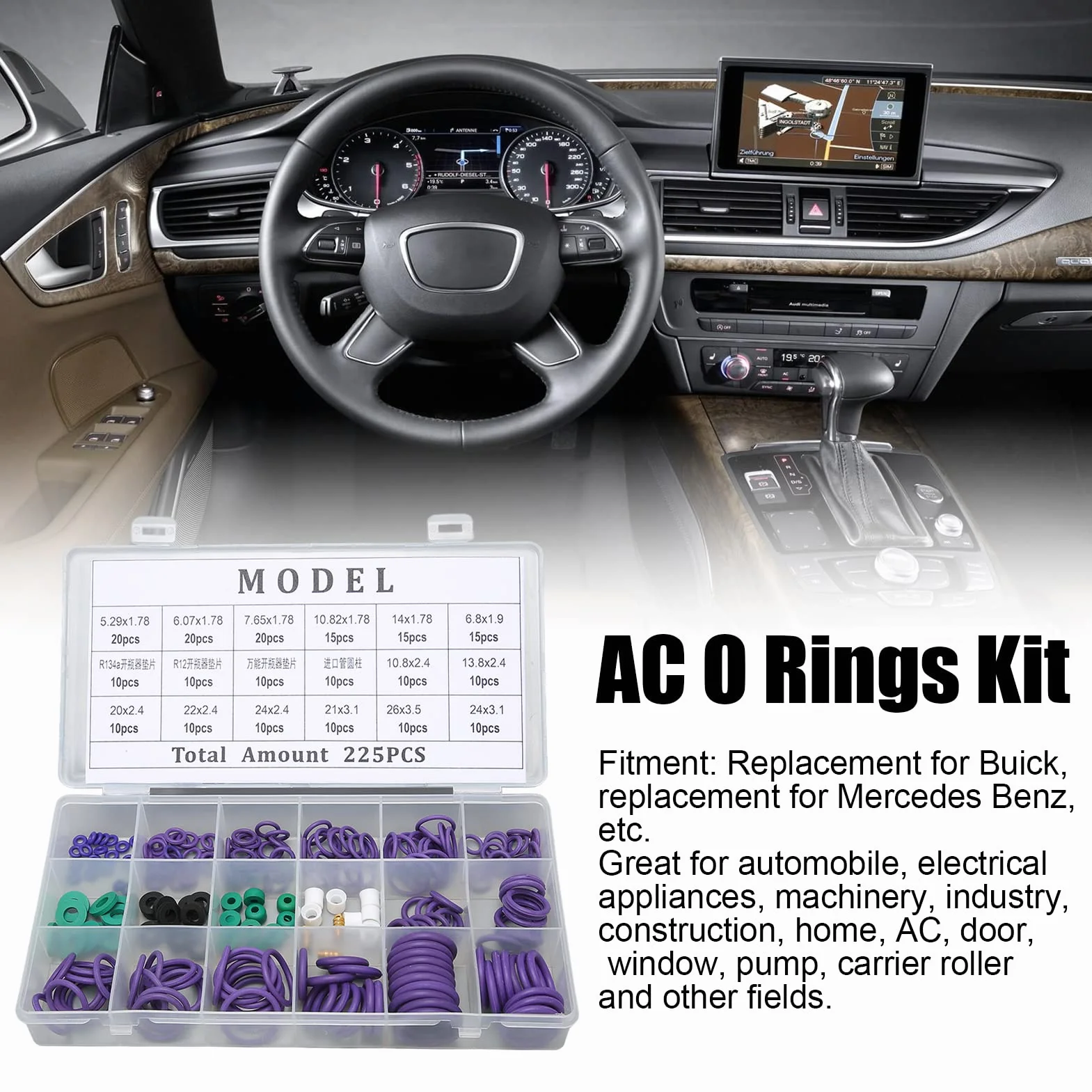 Kit di Guarnizioni per di Aria Condizionata 225PCS Set di Guarnizioni O-ring per Condizionatore D'aria per Auto Assortimento di 14 Misure con Distanziatore a Rondella per