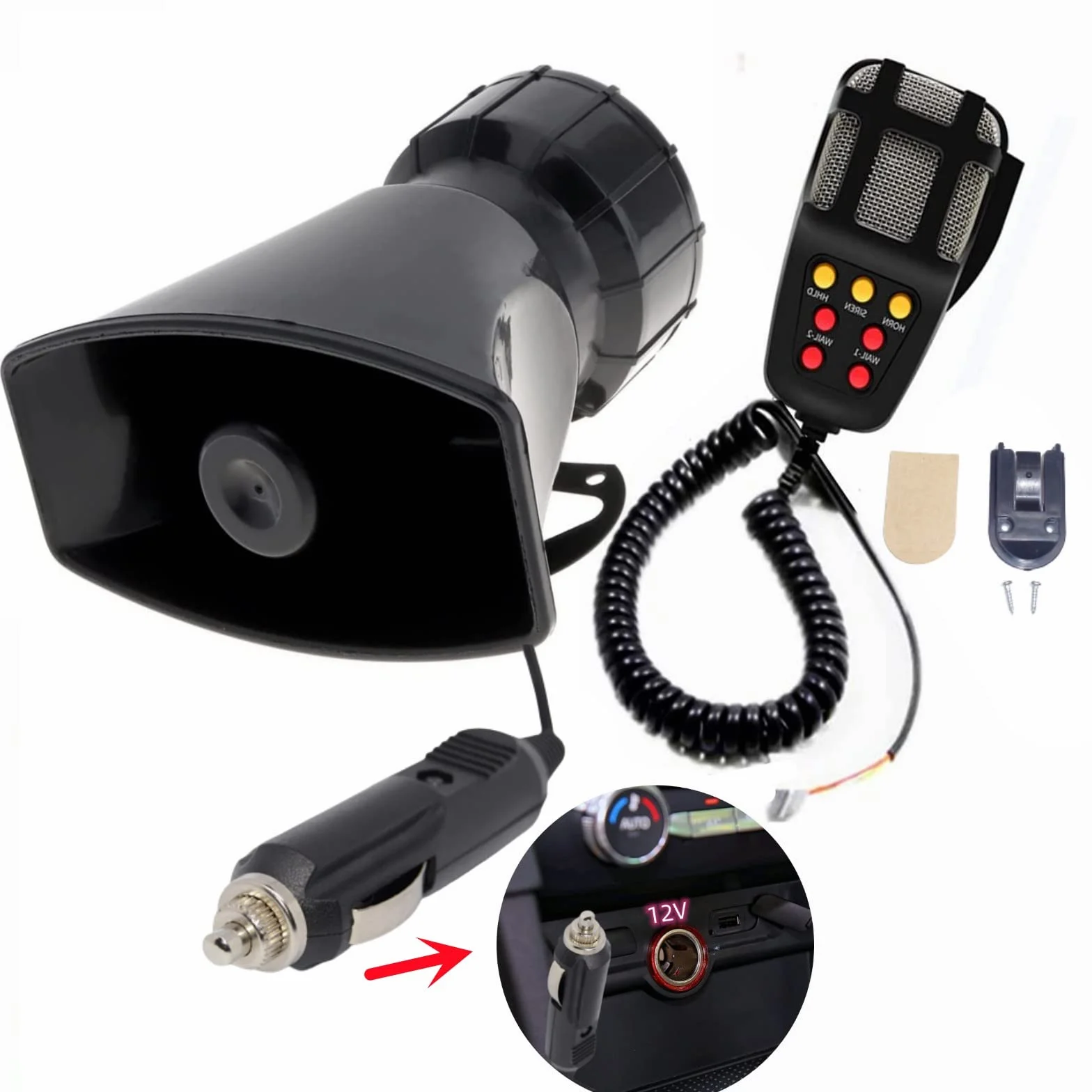 Clacson per Auto Collegare l'Accendisigari 130db Car Horn Amplificatore del Suono di Emergenza Sirena Con Microfono PA 7 Toni per 12V Macchina Barca