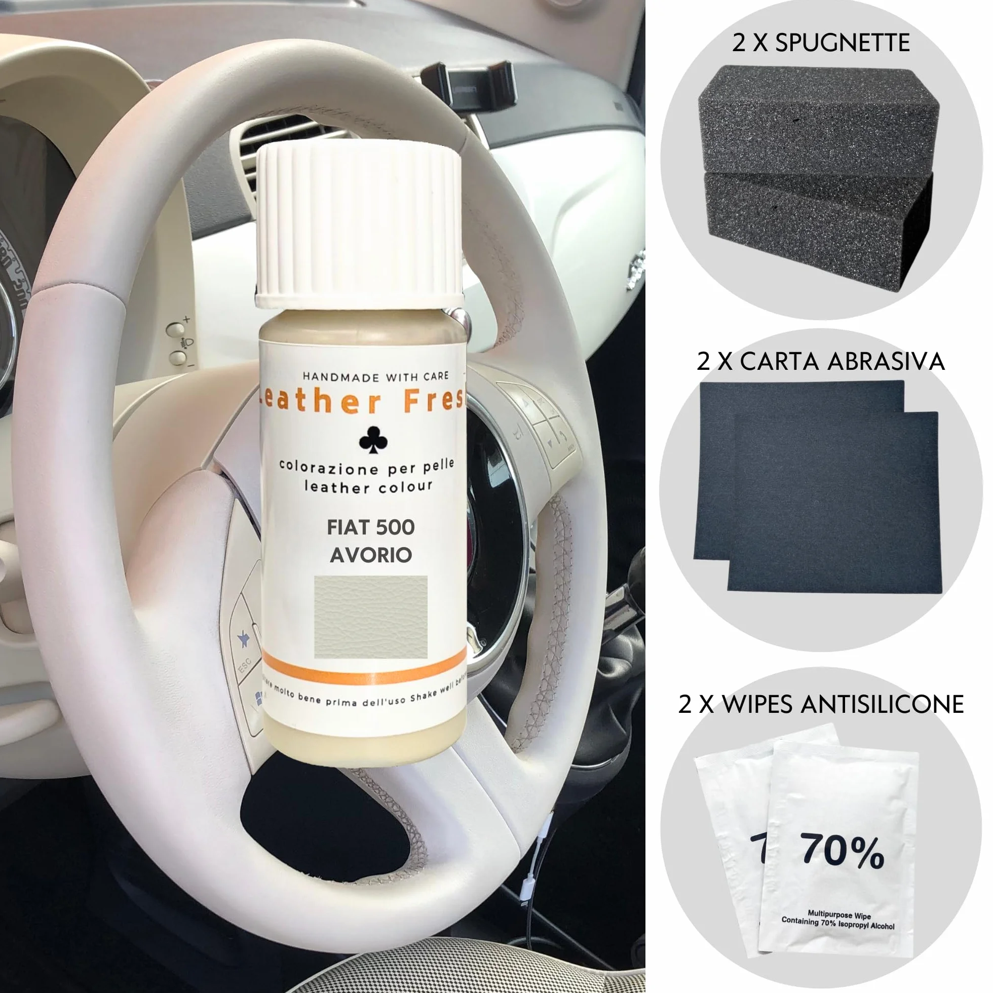 Mycolourcare Kit Ritocco Volante compatibile Fiat 500 Bianco Avorio Pelle Similpelle 3 in 1