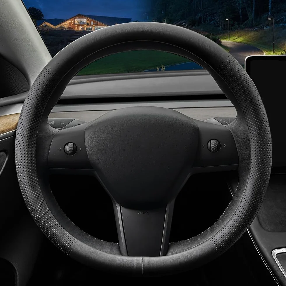 Coprivolante auto in pelle Nappa per Tesla Model 3/Y antiscivolo Nero