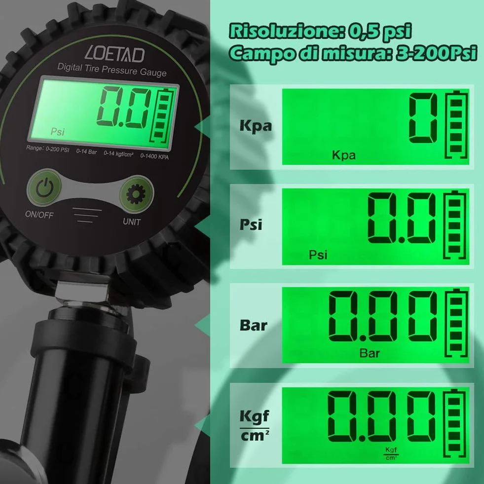 LOETAD Manometro Pressione Gomme Professionale, Manometro Digitale, Pistola Gonfiaggio Pneumatici 200 PSI Alta Precisione con Luce a LED e Schermo LCD per Auto, SUV, Camion, Moto e Biciclette