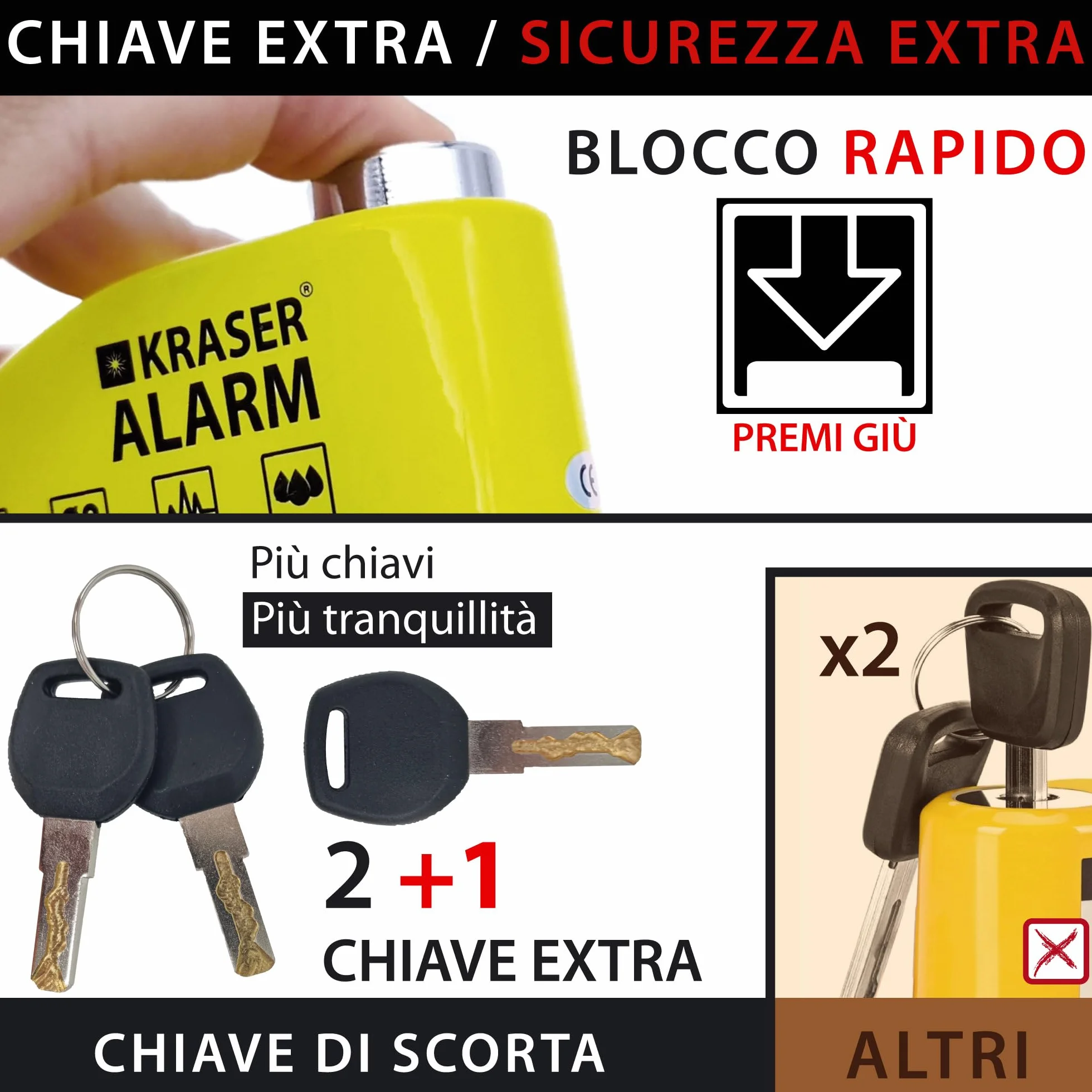 KRASER KR6Y Blocca Disco per Moto con Allarme 110dB, Antifurto Moto, Impermeabile, Cavo Reminder 1.5m Borsa