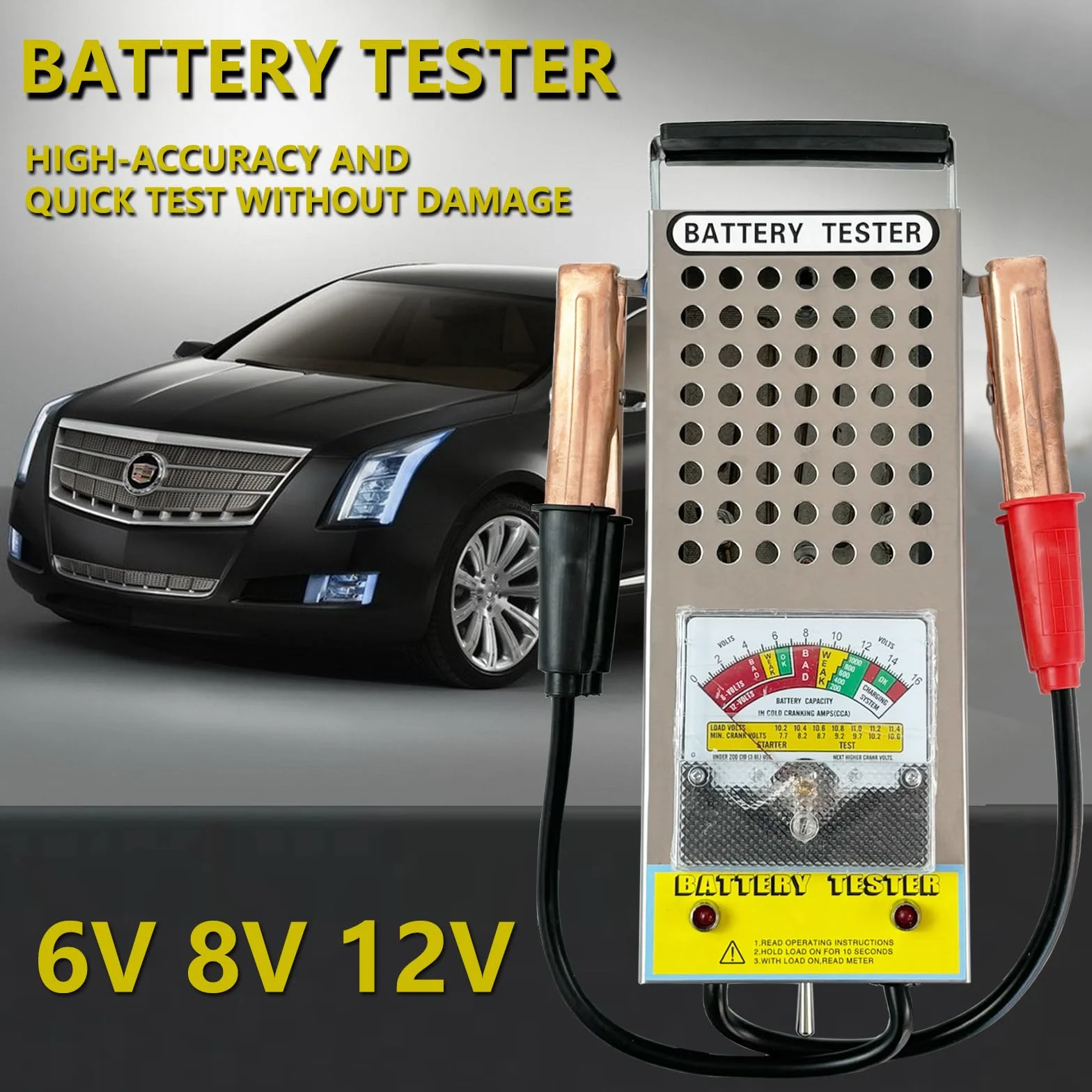 Tester Batteria Auto 6V 8V 12V Tester Tensione con Voltmetro e Pinze Tester di Carico Automobilistico Alternatore di Batterie per Furgone, Barca, Camion, SUV, Moto, Camper