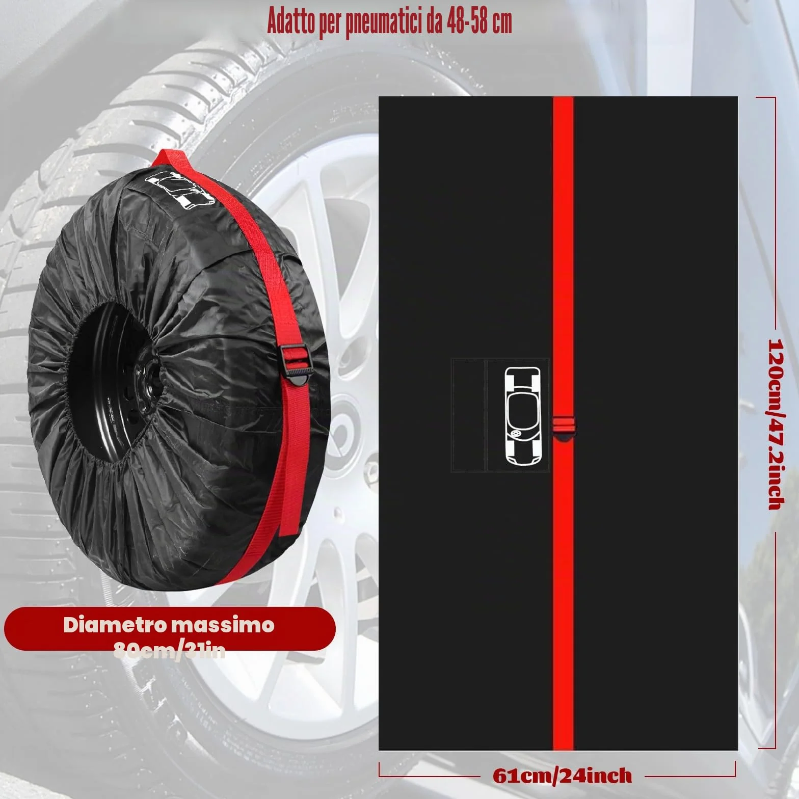 Set di 4 Borse per Pneumatici Auto 18-22 Pollici Copriruota Impermeabile Antipolvere Diametro 80 cm