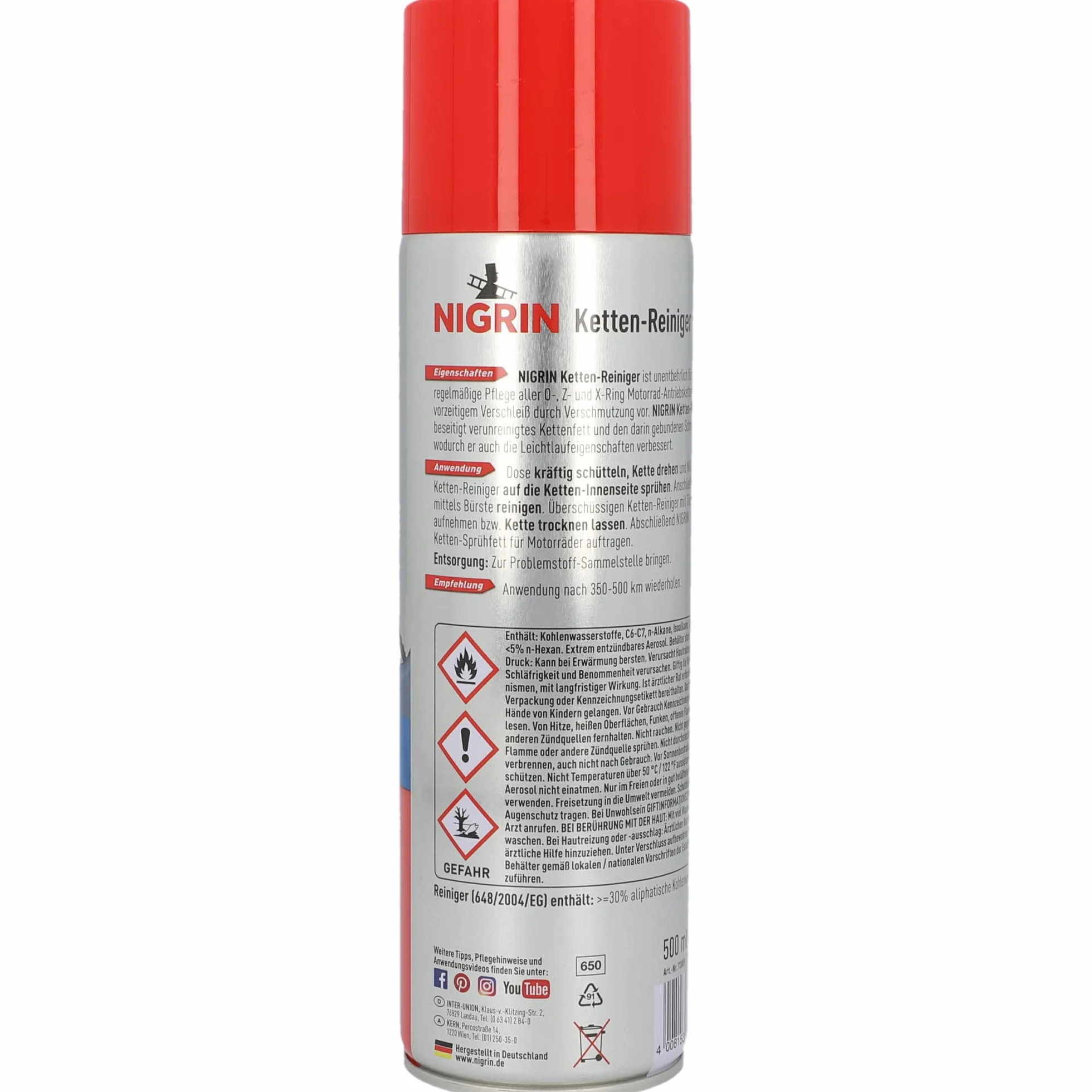 Nigrin 20854-6 detergenti per catena da 500 ml, spray per catena moto, pulisce e sgrassa le catene della moto, incolore
