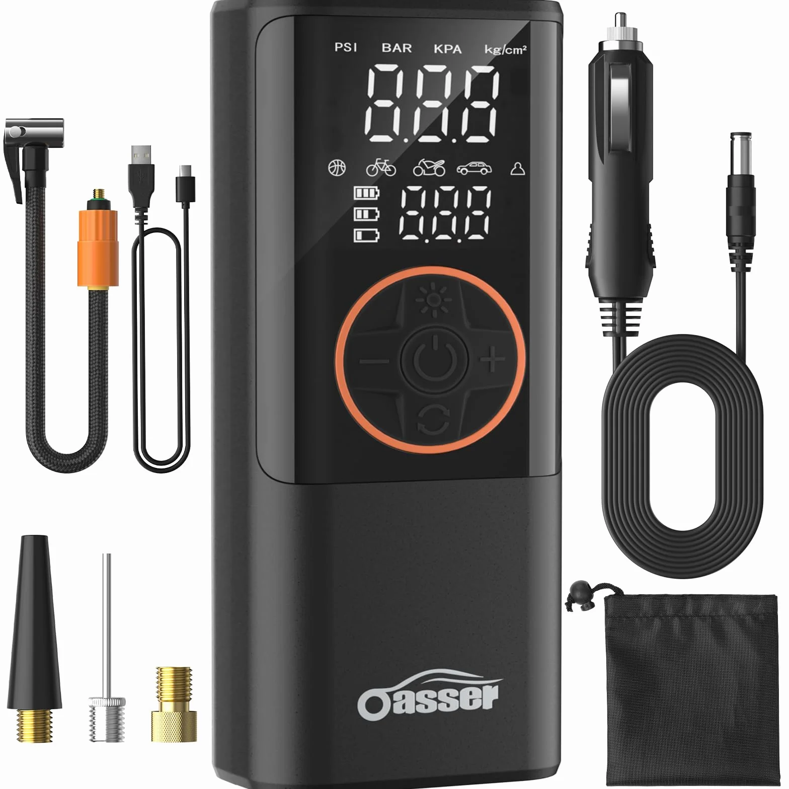 Oasser Compressore Aria Portatile 150PSI 6000mAh Doppio Schermo LCD Spegnimento Automatico Torcia LED