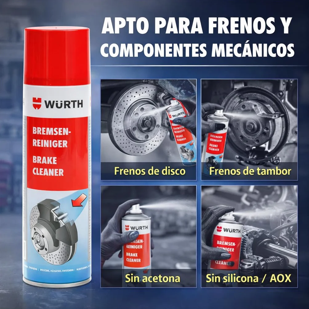 Wurth Detergente per freni, rimozione di grassi e rifiuti di olio, senza danni in plastica, ad asciugatura rapida, senza silicone, confezione da 4