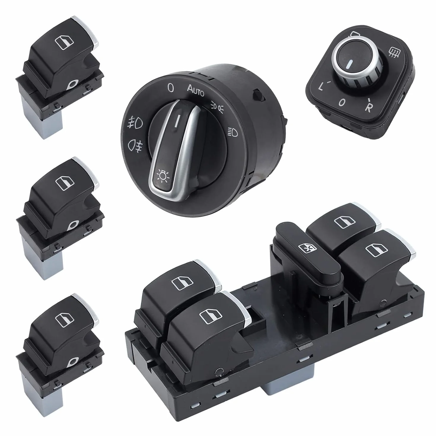 set da 6 interruttori per alzacristalli, fari e luci cromati per VW Golf 5 6 Passat 3C, compatibili con OEM: 5ND959857 5ND941431B 5ND959565A 5ND959855