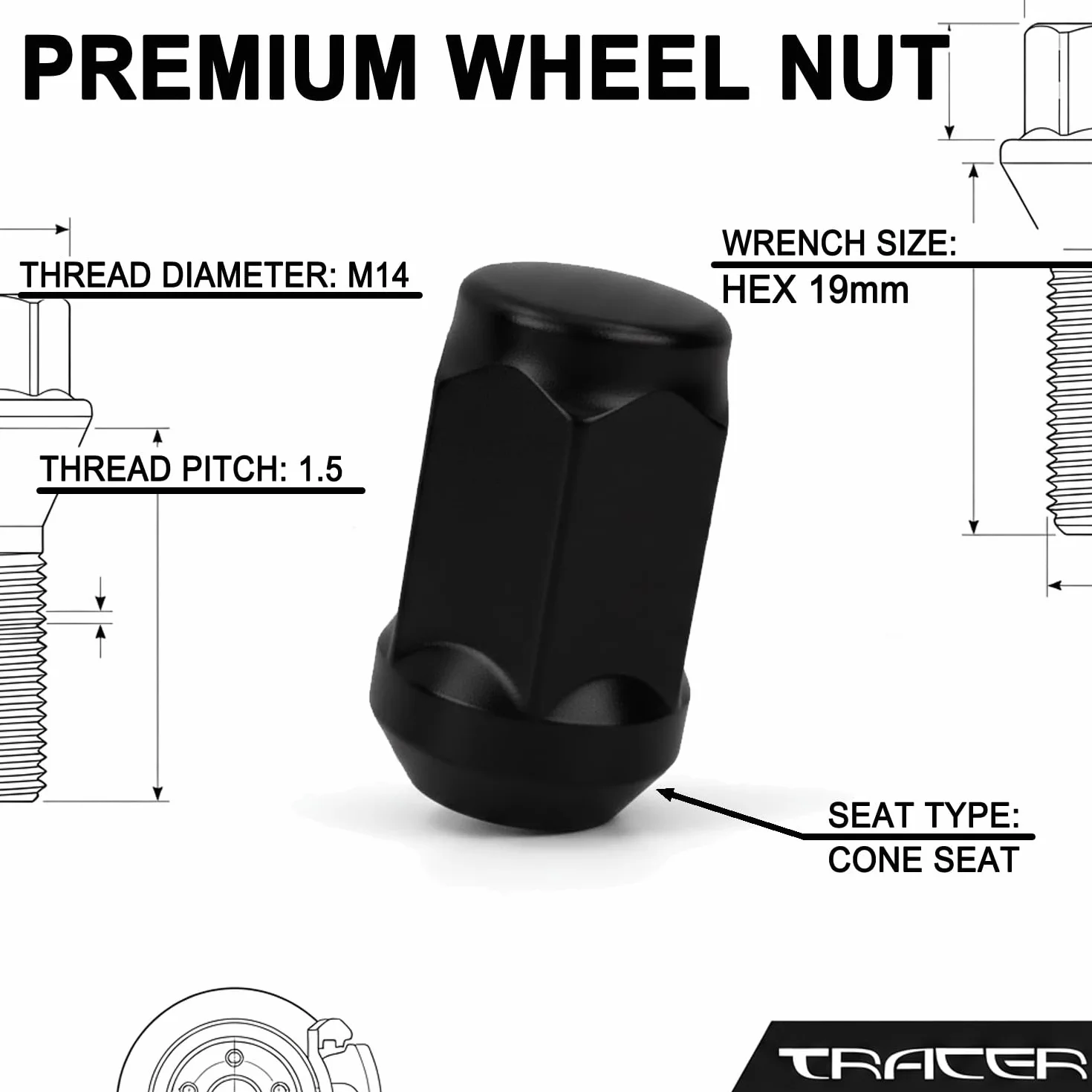 TRACER 20 dadi ruota neri collare conico chiuso M14x1,5 compatibile con Chrysler, Ford, Land Rover, Opel
